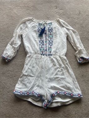 Japna White Girls' Embroidered Romper with Blue Tassel